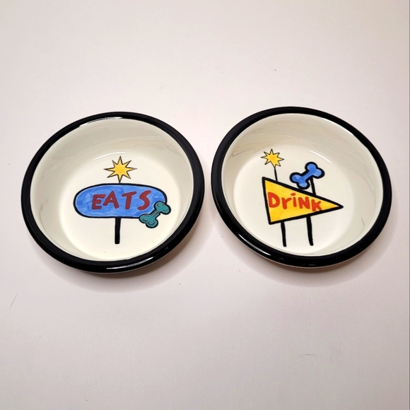 EAT and DRINK Set of 2 Ceramic Pet Food Bowls Handpainted Diner Decor Vibes RARE - Picture 3 of 7